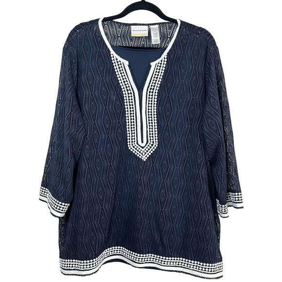 Alfred Dunner Top Women 3X Blue Crochet Coastal Knit Old Money Resort Mature - Picture 1 of 12